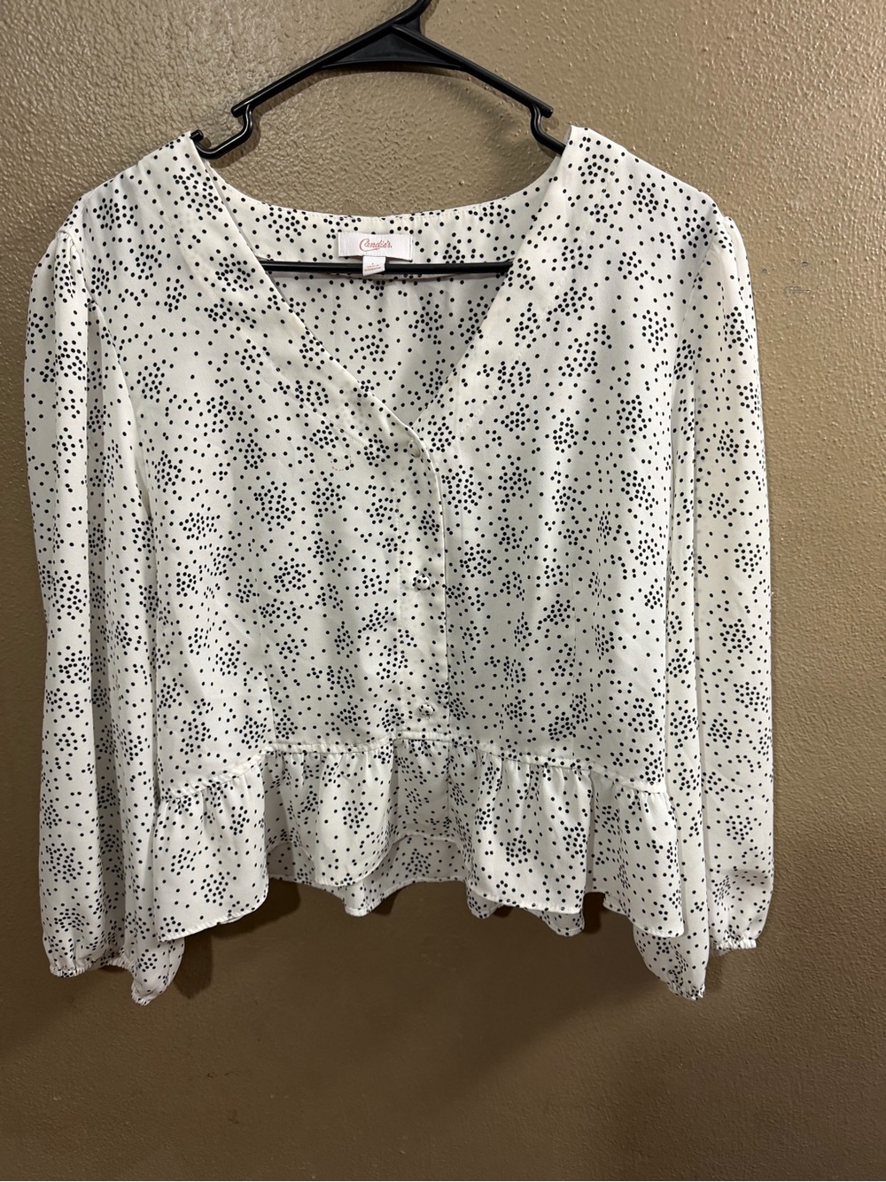 Candie's White Blouse with Black Dot Peplum